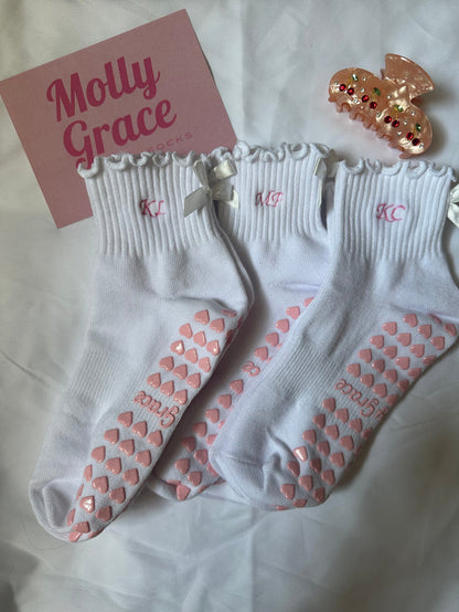 White ruffle initial socks