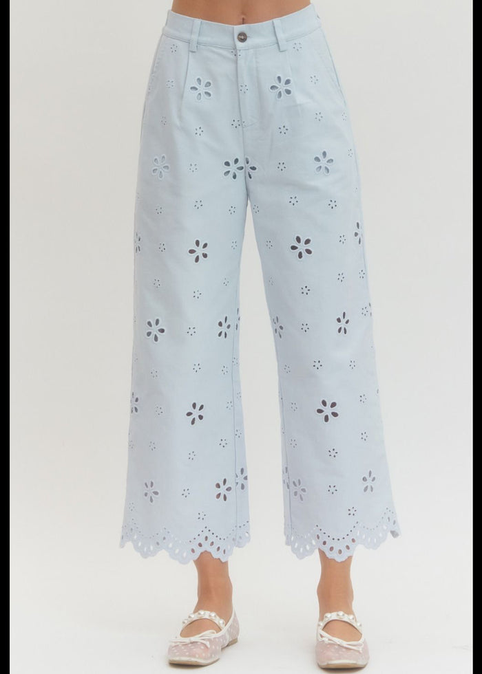 Dainty Pleasures Light Blue Eyelet Embroidered Wide Leg Pant entro spring