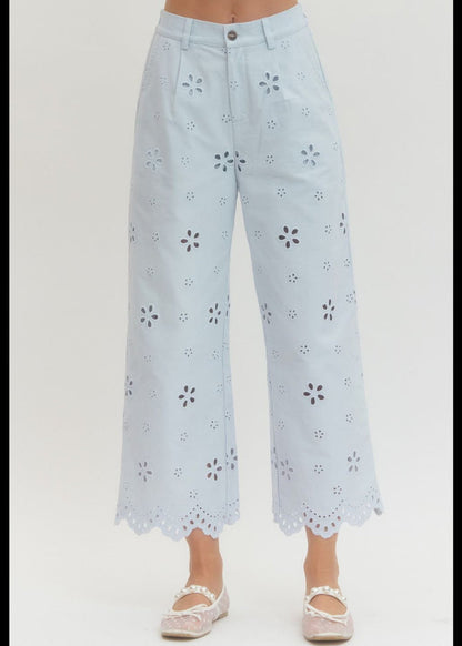 Dainty Pleasures Light Blue Eyelet Embroidered Wide Leg Pant entro spring