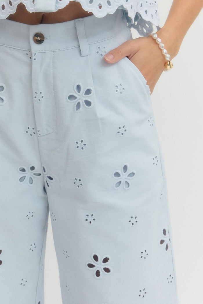 Dainty Pleasures Light Blue Eyelet Embroidered Wide Leg Pant