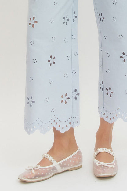 Dainty Pleasures Light Blue Eyelet Embroidered Wide Leg Pant