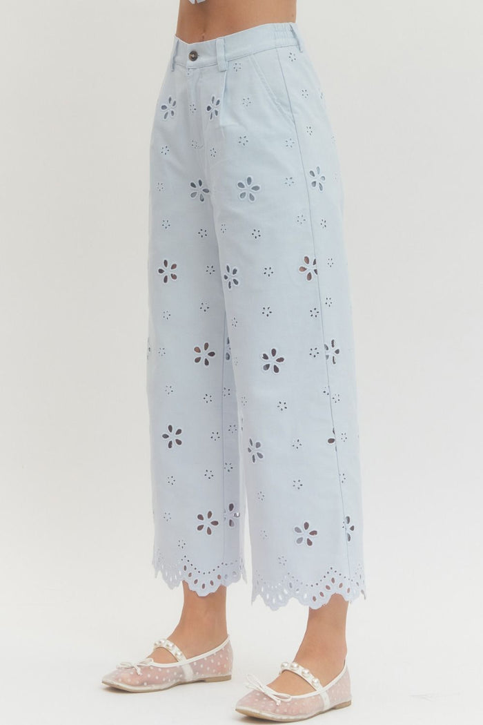 Dainty Pleasures Light Blue Eyelet Embroidered Wide Leg Pant