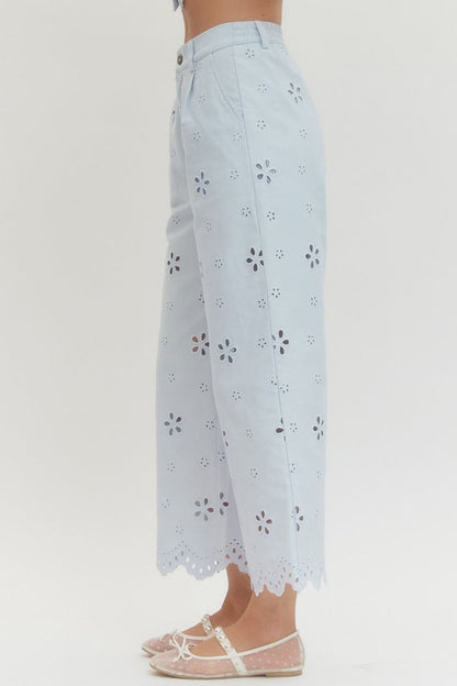 Dainty Pleasures Light Blue Eyelet Embroidered Wide Leg Pant