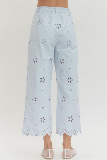 Dainty Pleasures Light Blue Eyelet Embroidered Wide Leg Pant