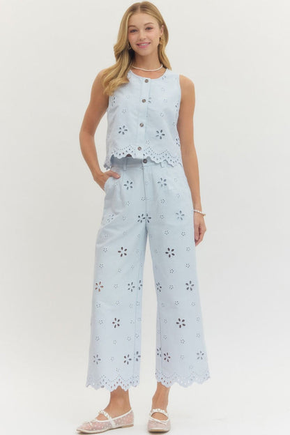 Dainty Pleasures Light Blue Eyelet Embroidered Wide Leg Pant