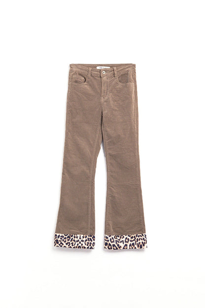 Dark Beige Corduroy flare pants with leopard print at the bottom - trousers