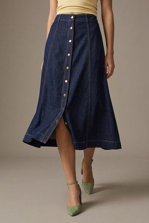 Dark Blue Denim midi skirt with Contrast Stitch Button Front A-Line - Skirts