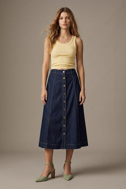 Dark Blue Denim midi skirt with Contrast Stitch Button Front A-Line - Skirts