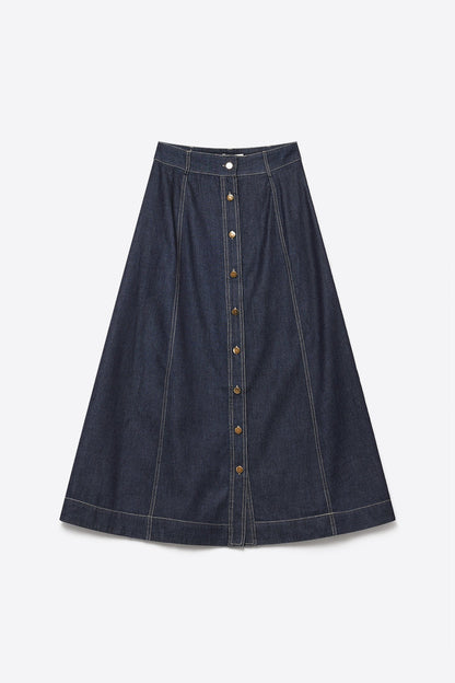 Dark Blue Denim midi skirt with Contrast Stitch Button Front A-Line - Skirts