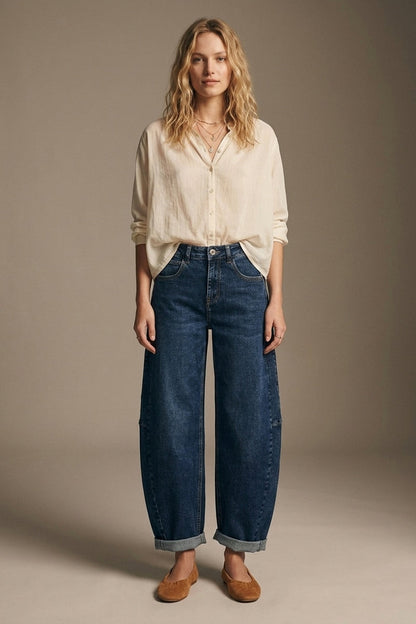 Dark Blue Wide-Leg Denim Jeans with Cuffed Hem and side seams - Denim