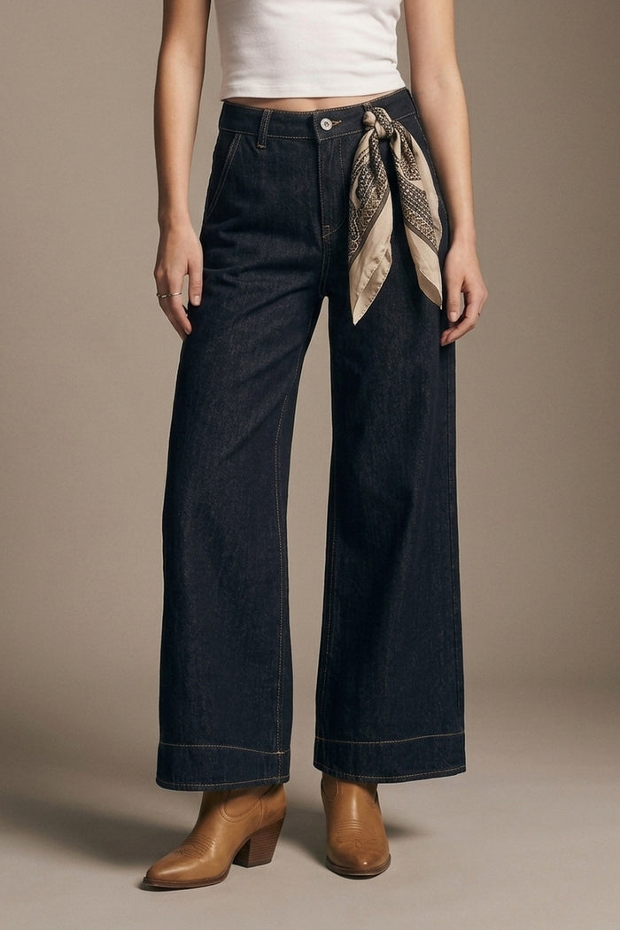 Dark Denim Wide-Leg Jeans with Contrast Stitching - Denim