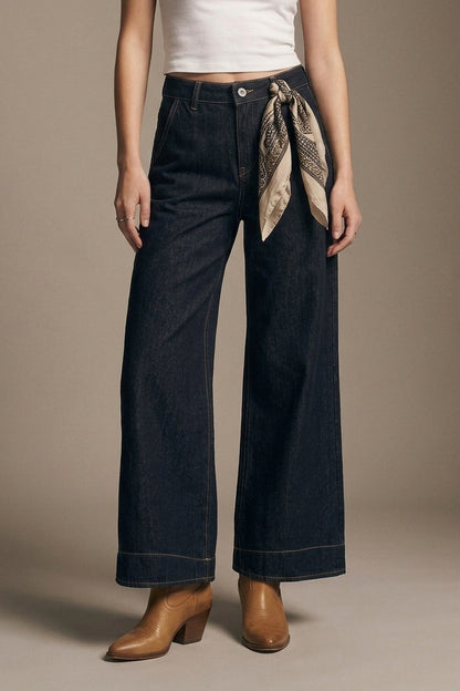 Dark Denim Wide-Leg Jeans with Contrast Stitching - Denim