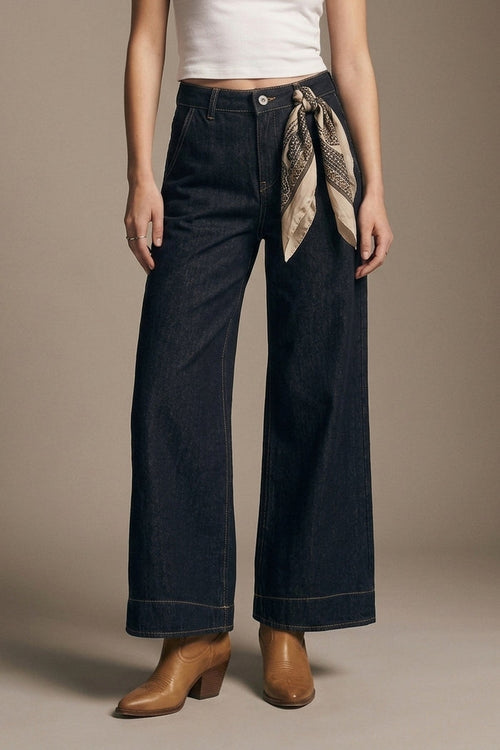 Dark Denim Wide-Leg Jeans with Contrast Stitching - Denim