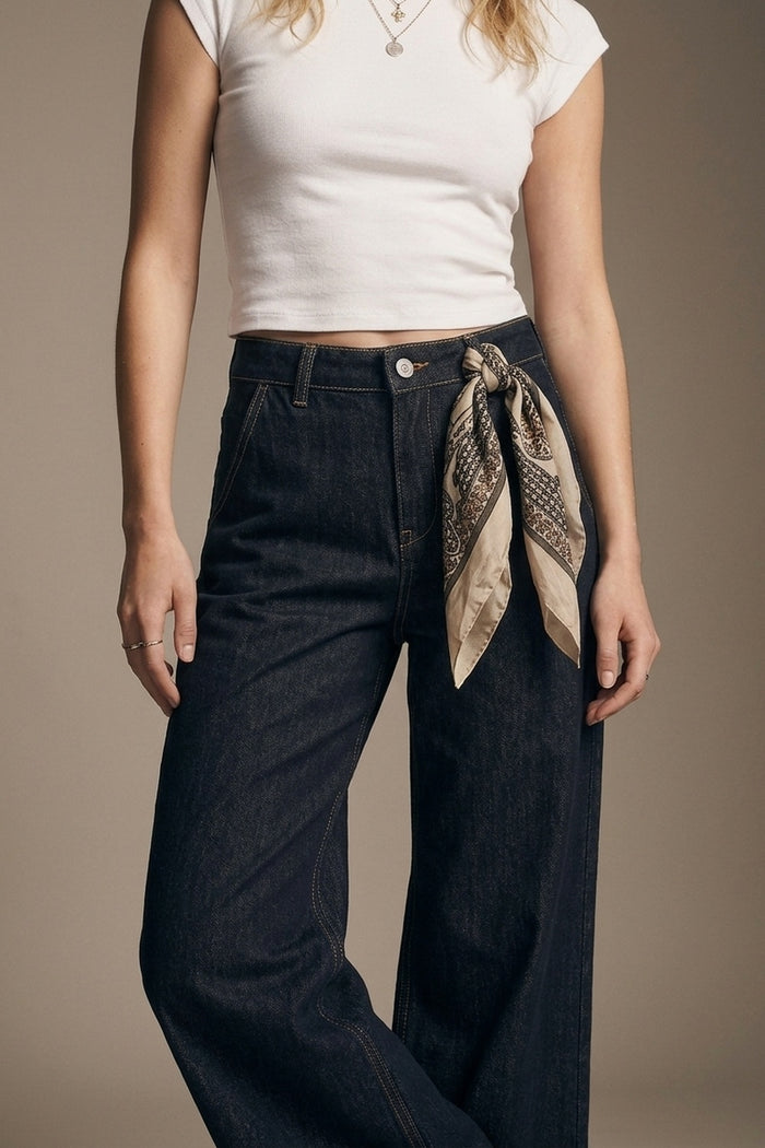 Dark Denim Wide-Leg Jeans with Contrast Stitching - Denim