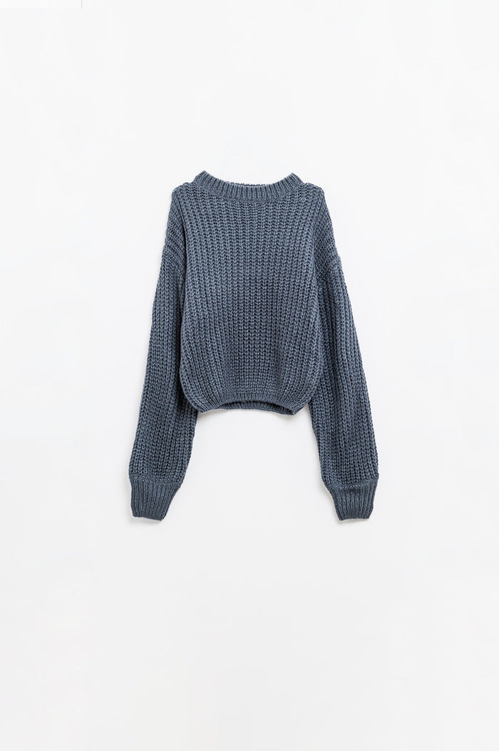 Dark grey chunky knit sweater with balloon sleeves