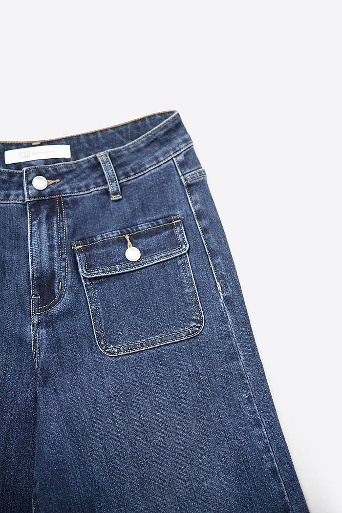 dark wash Blue Wide-Leg Denim Jeans with Button Detail - Denim