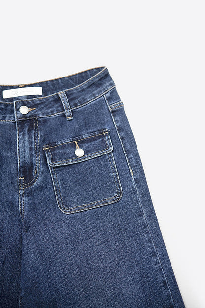 dark wash Blue Wide-Leg Denim Jeans with Button Detail - Denim