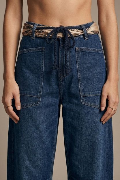 Dark wash Drawstring Waist jeans with Rolled Cuff and Wide Leg - Denim