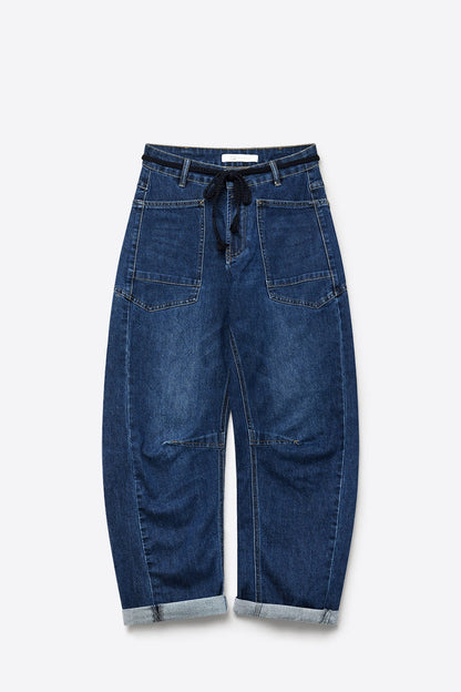 Dark wash Drawstring Waist jeans with Rolled Cuff and Wide Leg - Denim