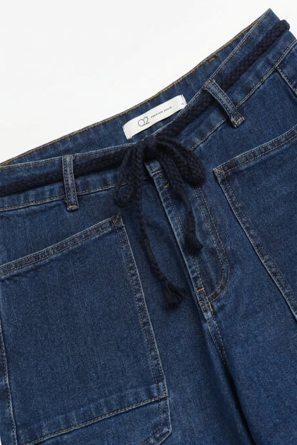 Dark wash Drawstring Waist jeans with Rolled Cuff and Wide Leg - Denim