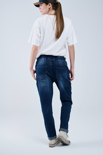 dark wash Jeans With Drwastring and Elastic Waist - Denim