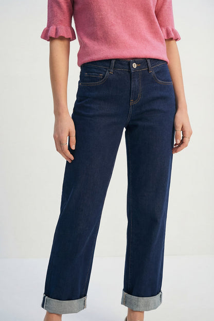 Dark Wash Wide-Leg Denim Jeans with Cuffed Hem - Denim