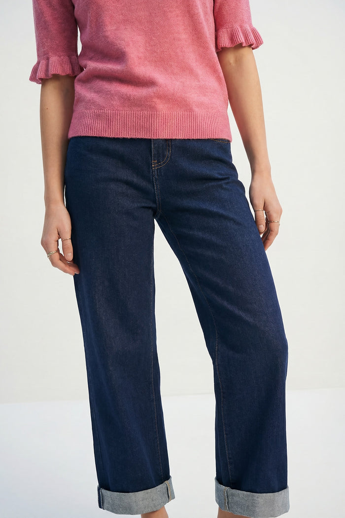 Dark Wash Wide-Leg Denim Jeans with Cuffed Hem - Denim