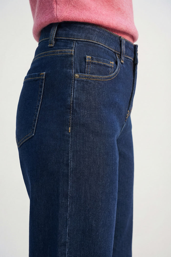 Dark Wash Wide-Leg Denim Jeans with Cuffed Hem - Denim
