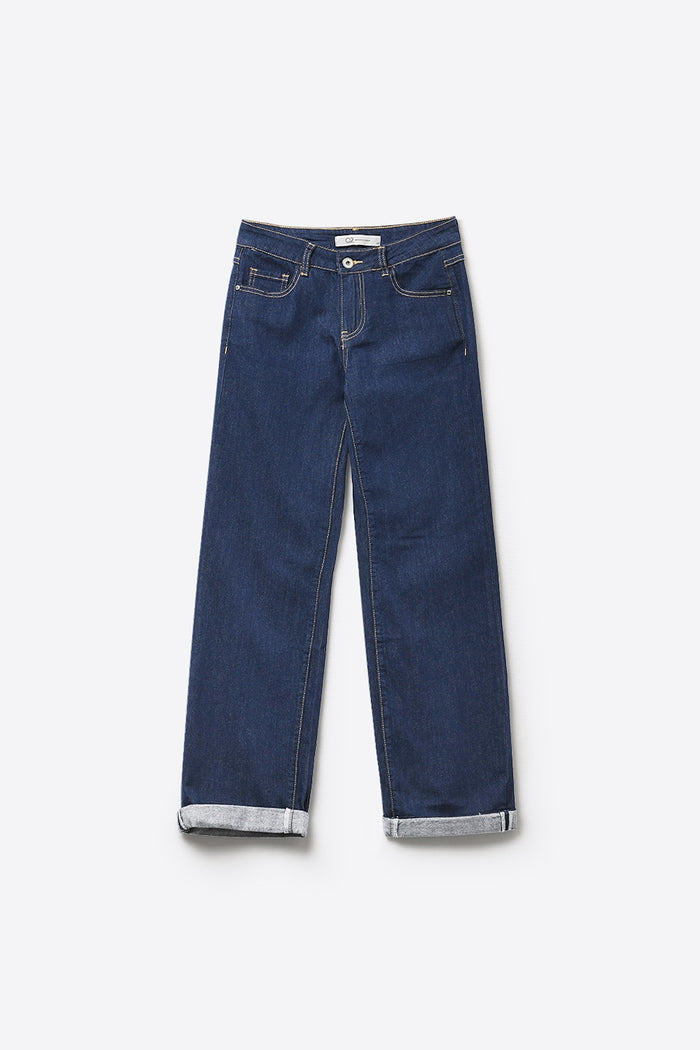 Dark Wash Wide-Leg Denim Jeans with Cuffed Hem - Denim