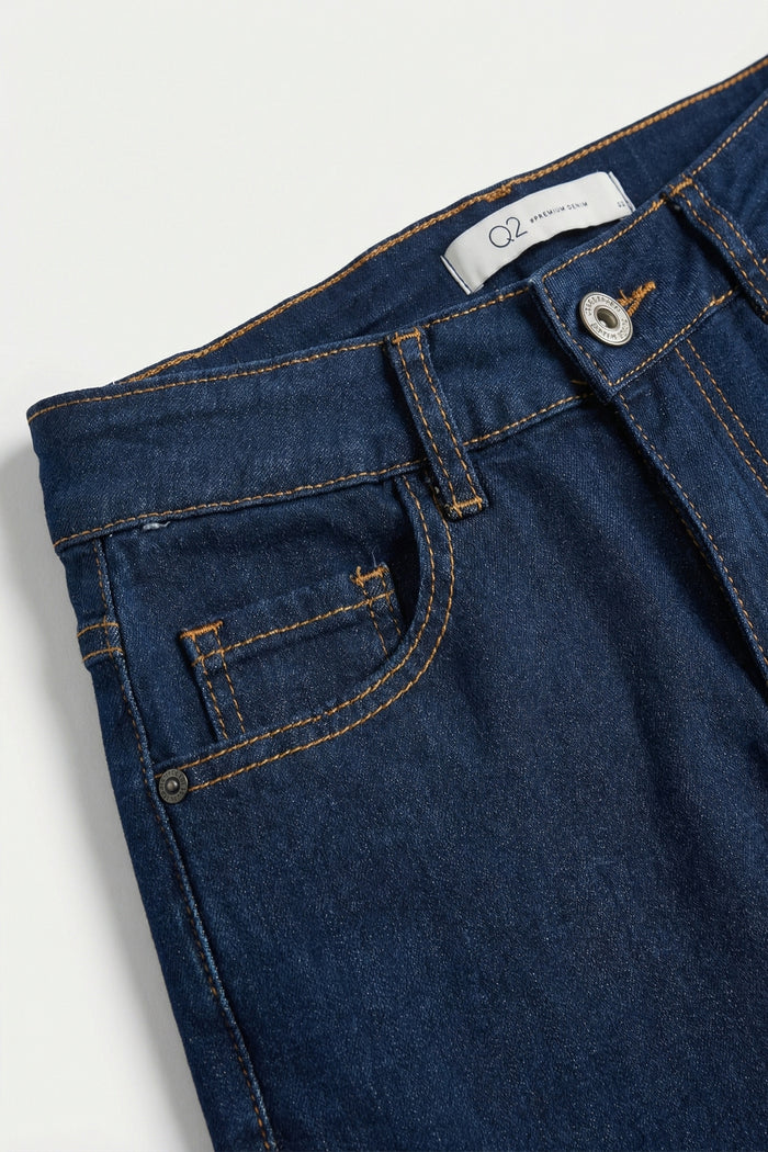 Dark Wash Wide-Leg Denim Jeans with Cuffed Hem - Denim
