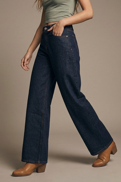 Dark Wash Wide Leg Jeans With Contrasting Stitching - Denim