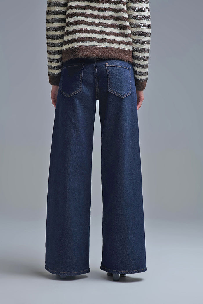 Dark Wash Wide Leg Jeans With Contrasting Stitching - Denim