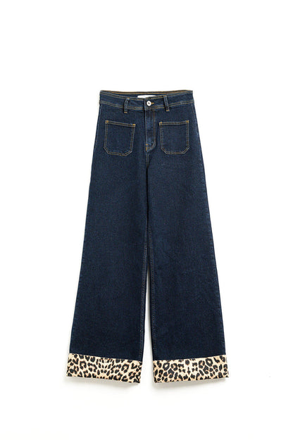 Dark wash wide leg jeans with leopard detail at the bottom - Denim