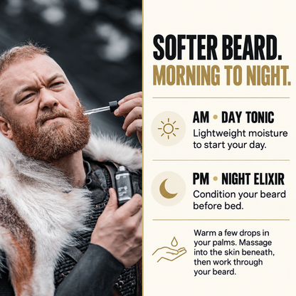 Bearded man in a fur cloak applying beard oil with a dropper, headline Softer Beard Morning to Night, AM Day Tonic for lightweight moisture, PM Night Elixir to condition before bed
