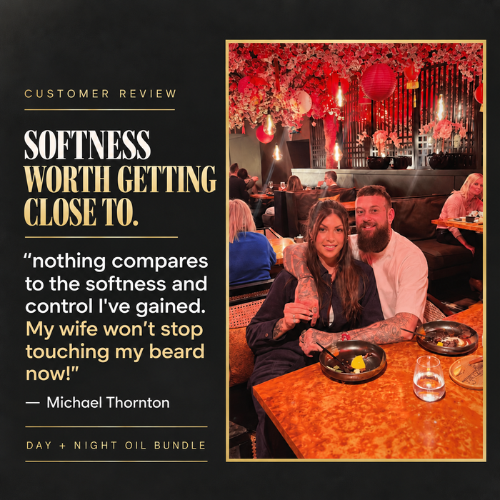Customer review of the Day and Night beard oil bundle from Michael Thornton with his wife at a lantern-lit restaurant, headline Softness Worth Getting Close To