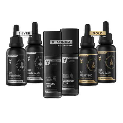 Tonic + Elixir Beard Oil Bundle in Silver, Platinum and Gold Collection: Viking Storm, Aesir's Triumph and Asgardian Secret Day Tonic and Night Elixir bottles. The Beard Struggle
