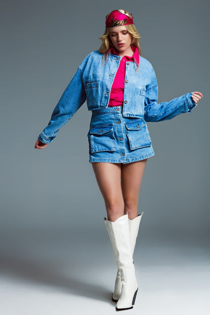 Denim cargo mini short with front buttoning in light wash - Skirts, Denim