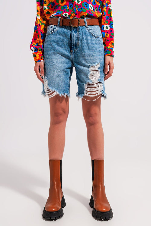 Denim shorts with distressing in light blue - Denim