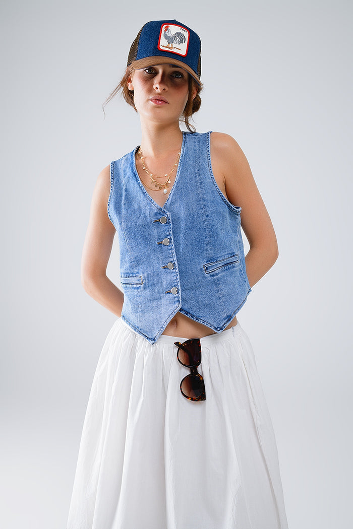 Denim Vest With Button Placket In Mid Wash