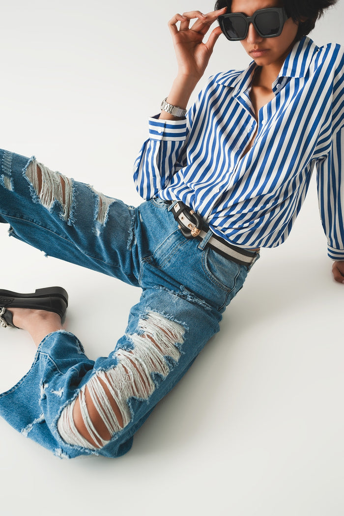 destroyed boyfriend jeans in blue - Denim