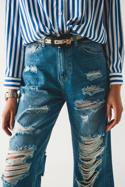 destroyed boyfriend jeans in blue - Denim