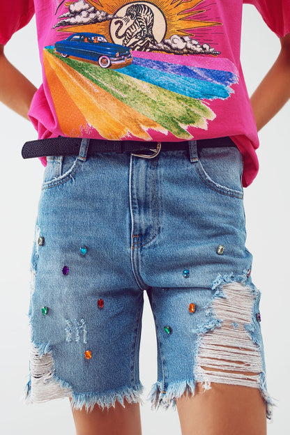 Distressed Embellished Bermuda Shorts in Light Wash - Denim