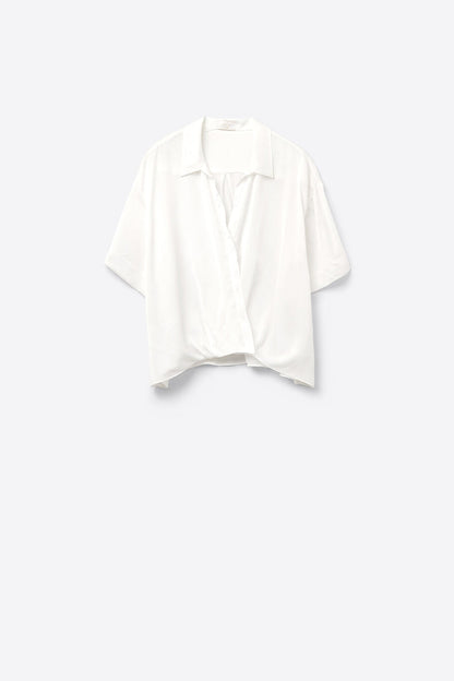 Draped Short Sleeve Blouse in White - Shirts