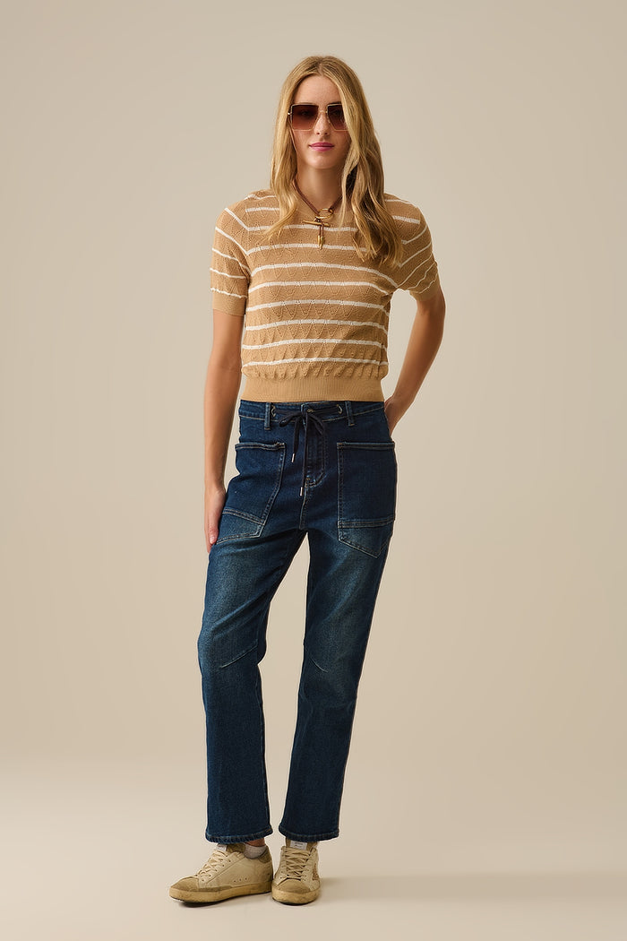 Drawstring Waist Wide-Leg Jeans in Dark wash - Denim