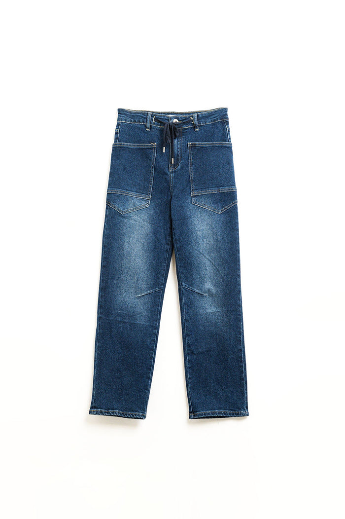 Drawstring Waist Wide-Leg Jeans in Dark wash - Denim