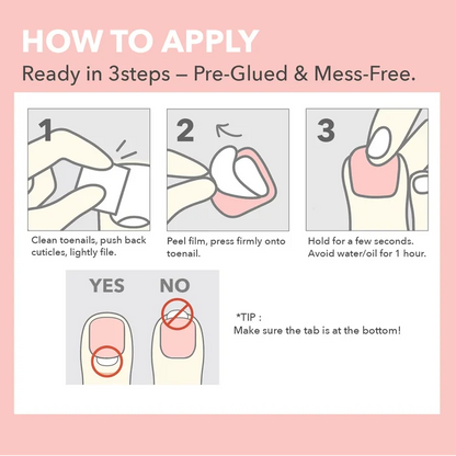 Step-by-step application guide for Ebin New York Mood Too Classy pre-glued press-on toenails showing nail preparation, peel-and-press application and correct placement.