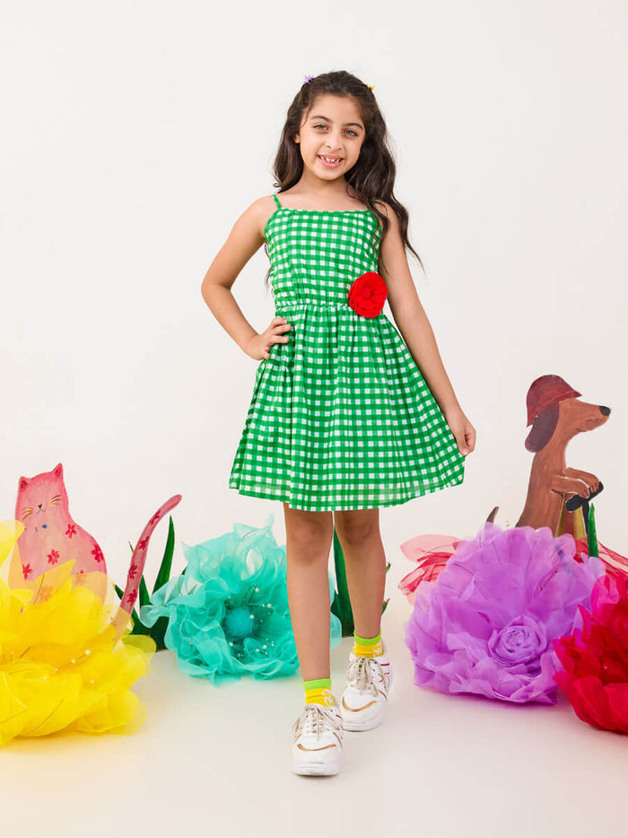 Girls green checkered dress organic cotton sleeveless summer dress - Pinklay