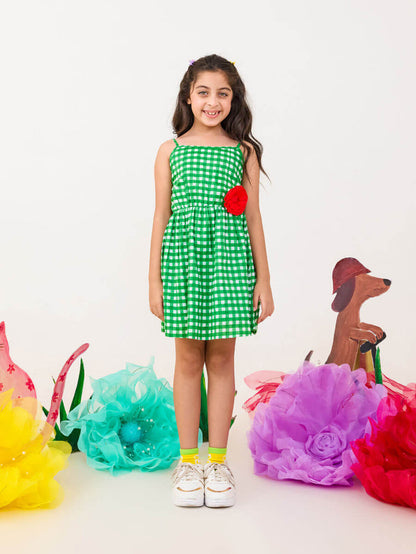 Girls green checkered dress organic cotton sleeveless summer dress - Pinklay