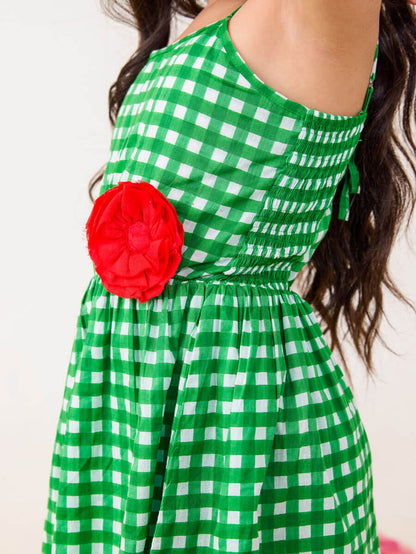 Girls green checkered dress organic cotton sleeveless summer dress - Pinklay