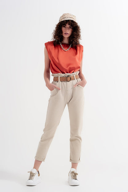 Elasticated paper bag waist mom jean in beige - Coloured Jeans
